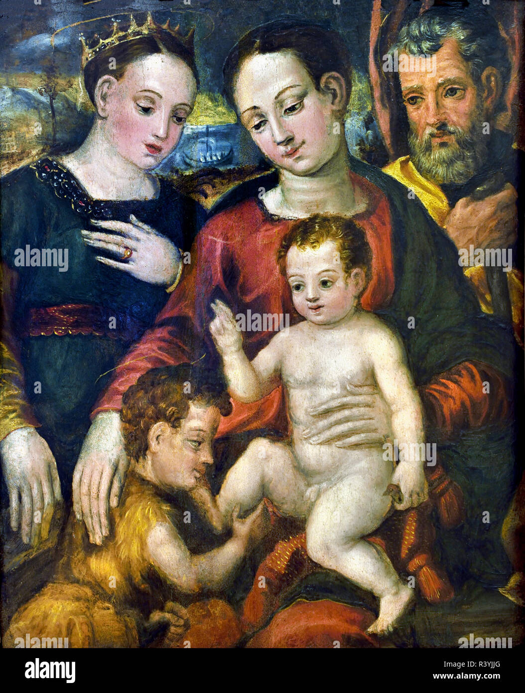 Sacra Famiglia, San Giovannino e Santa Caterina, Romagnolo XVI secolo - Heilige Familie, St. Johannes und St. Katharina durch Romagnolo sechzehnten Jahrhundert, Italien, Italienisch. Stockfoto