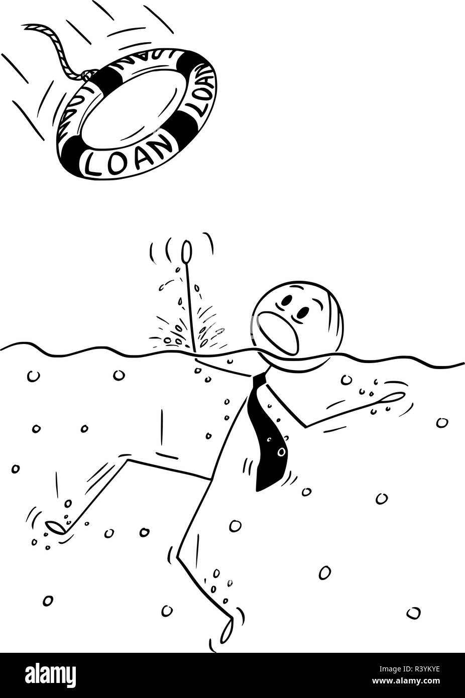 Cartoon von Geschäftsmann Ertrinken in Wasser, jemand gerade werfen ihm Darlehen als Rettungsring Stock Vektor