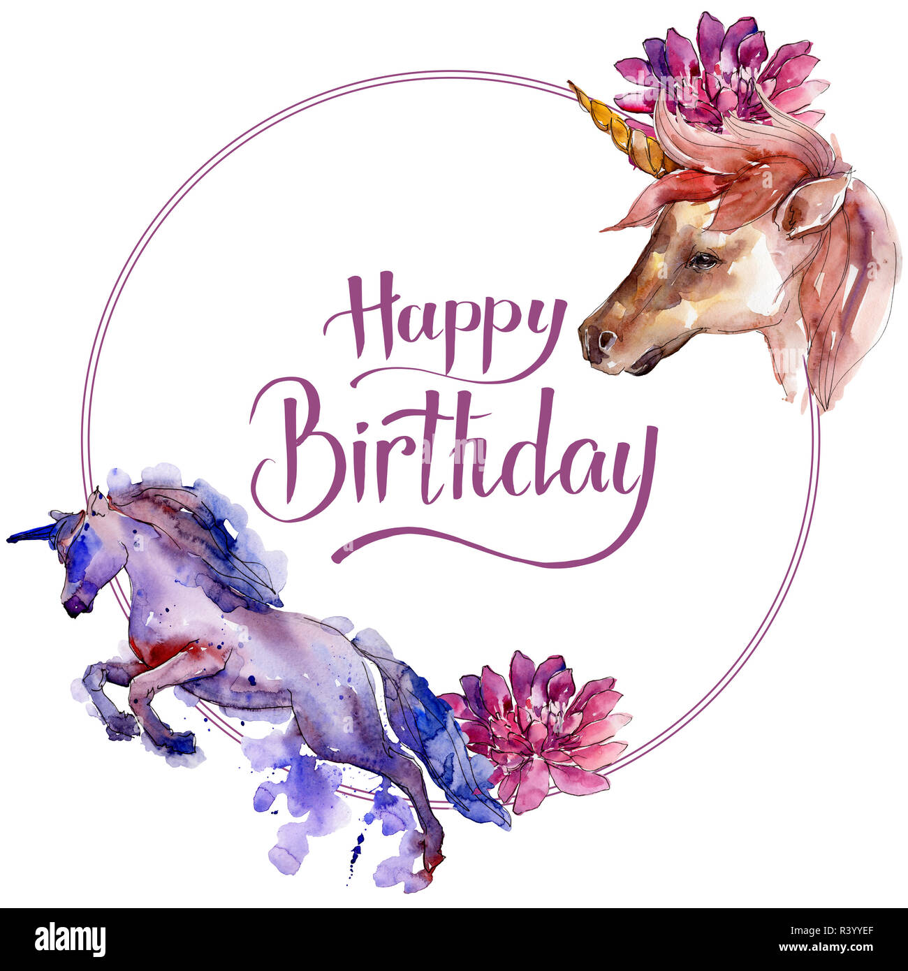 Susse Einhorn Pferd Happy Birthday Handschrift Monogramm Kalligraphie Aquarell Hintergrund Runden Rahmen Grenze Stockfotografie Alamy