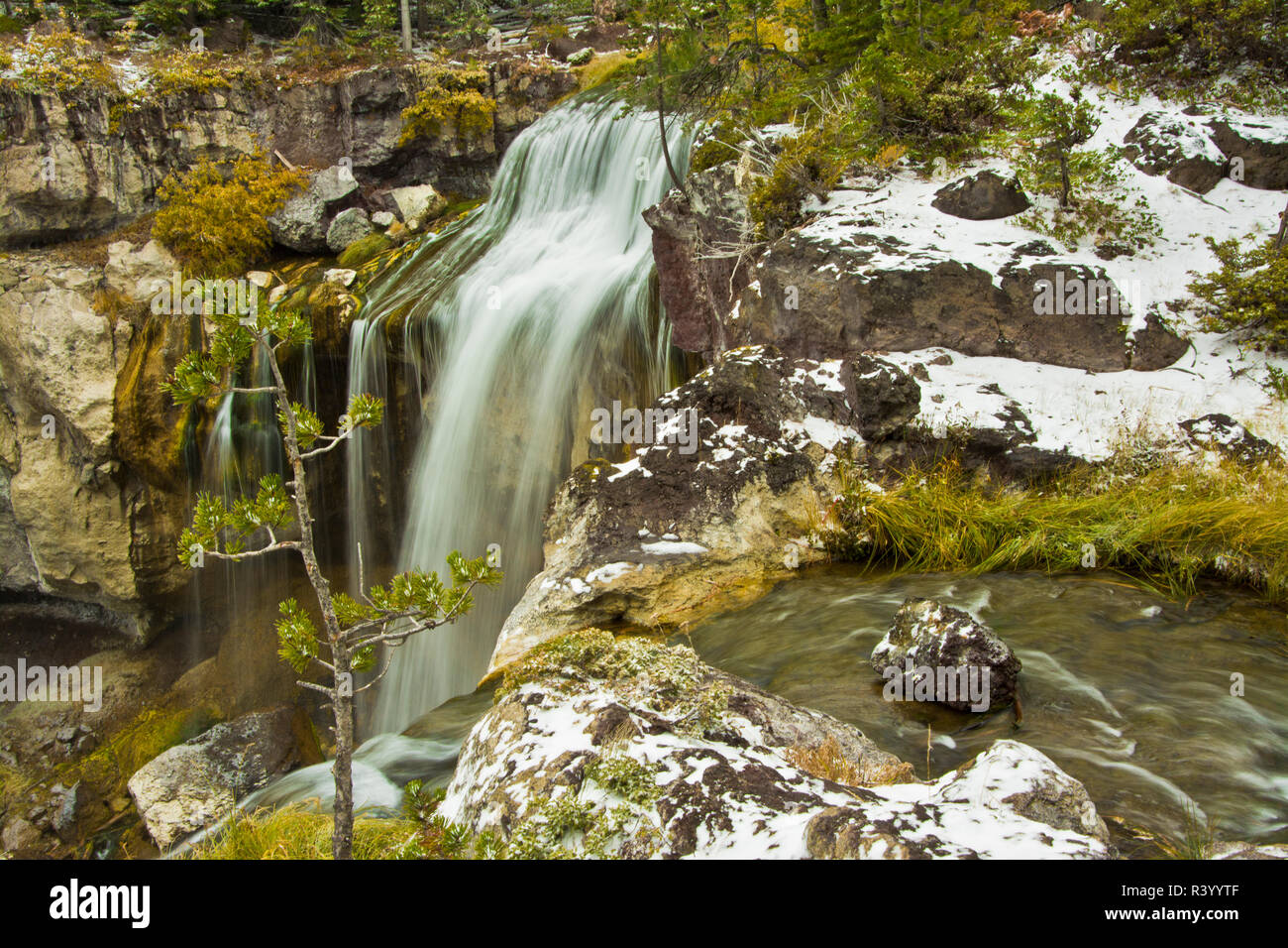 Paulina Creek Falls, Herbst, Schnee, Abstauben, Deschutes National Forest, Newberry Vulkanische Monument, Oregon, USA Stockfoto