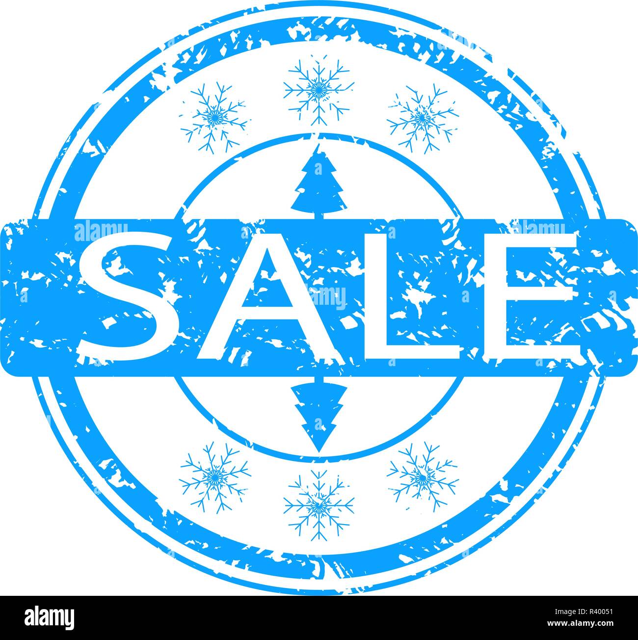 Winter verkauf Stempel mit Schneeflocken und Baum. Vektor Impressum Verkauf, Weihnachten Winter Abbildung Stock Vektor