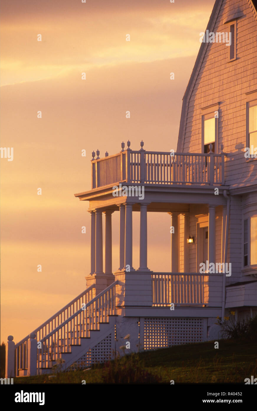 Marshall Punkt Licht, Port Clyde, Maine, des Tierhalters Haus bei Sonnenuntergang Stockfoto