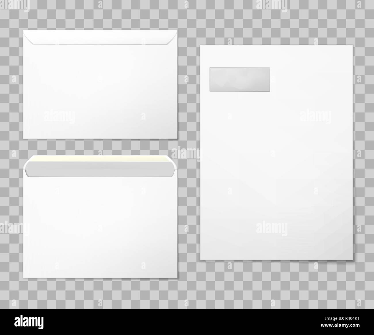 Leere Umschläge in 3 Ansichten, hinten und vorne geschlossen und geöffnet. Foto-realistische Vector Illustration. Stock Vektor