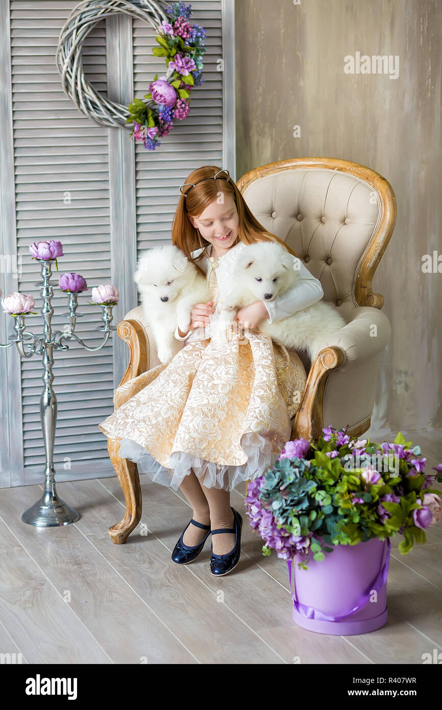 Portrait von Ingwer Haare Mädchen spielen mit Husky poppy. Modell Mädchen mit roten Haaren posiert im Studio Shooting mit Sammy weiße Welpen beim Sitzen auf Royal Retro Stockfoto