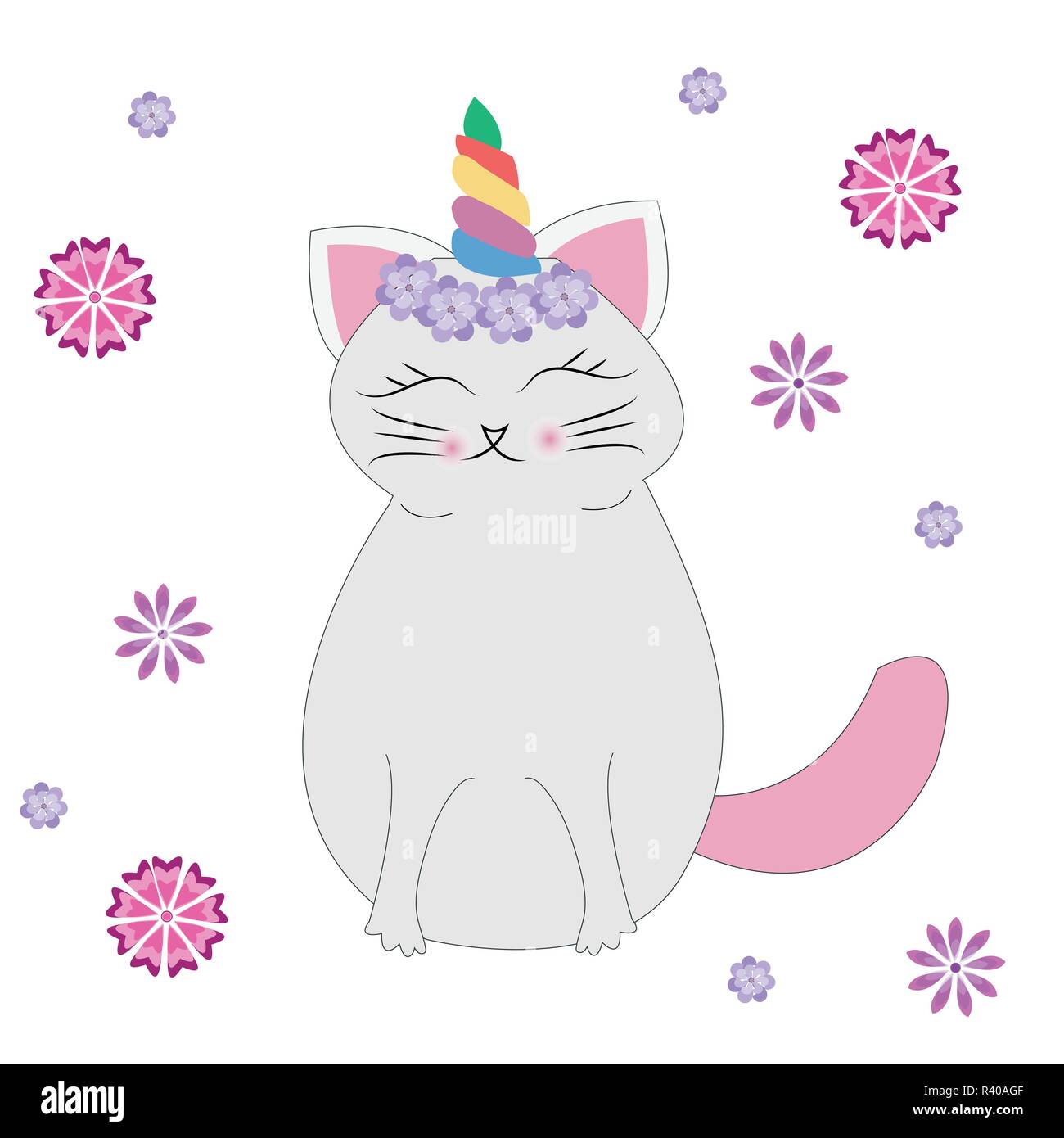 Süße Katze mit Unicorn Horn oder caticorn. Kann als Grußkarte, Aufkleber verwendet werden, Kinder-T-Shirt, Druck- oder Poster. Vektor. Stock Vektor