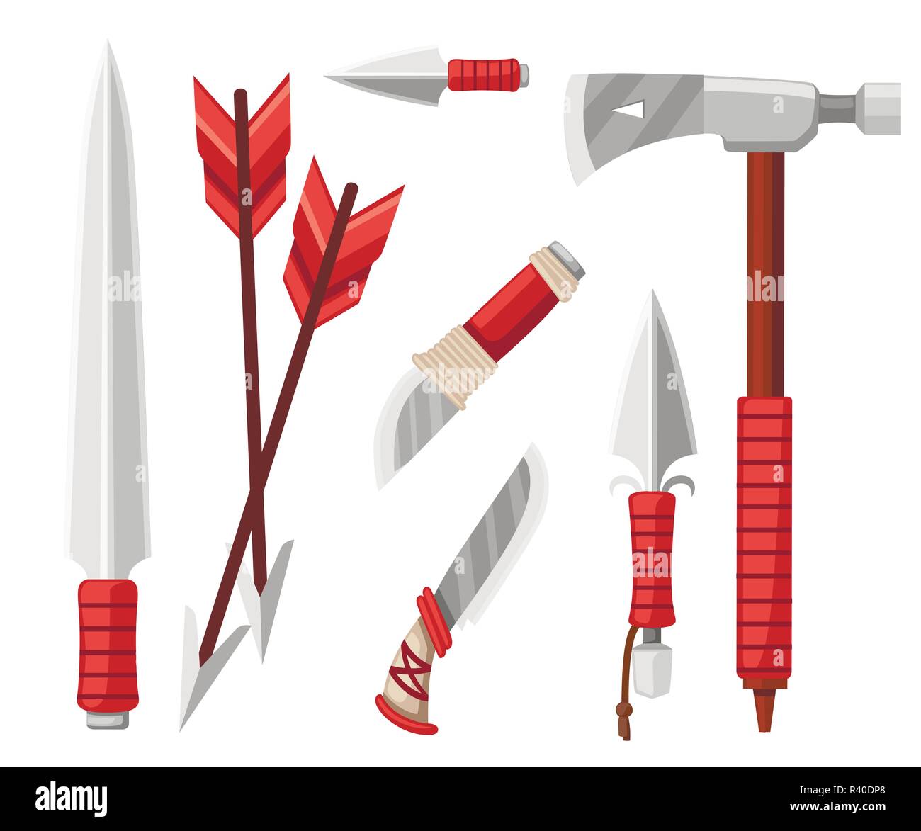 Tomahawk Axt, Messer, Dolche, und Pfeile. Produkte für Überleben, Cold Steel Arme. Flache Vector Illustration auf weißem Hintergrund. Stock Vektor