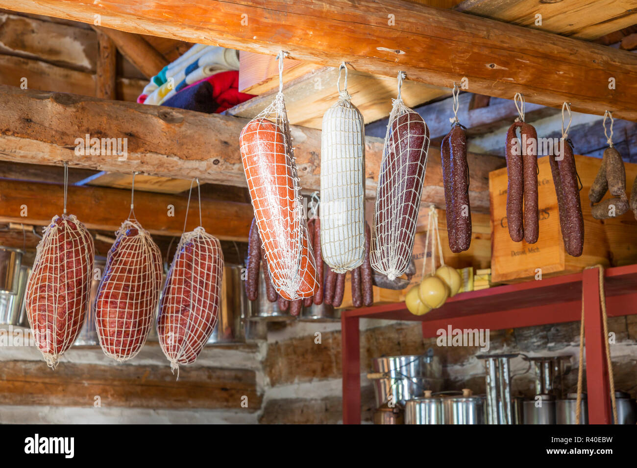 Michigan, Keweenaw Peninsula. Fort Wilkins Historic State Park, marketenderin's Store Stockfoto