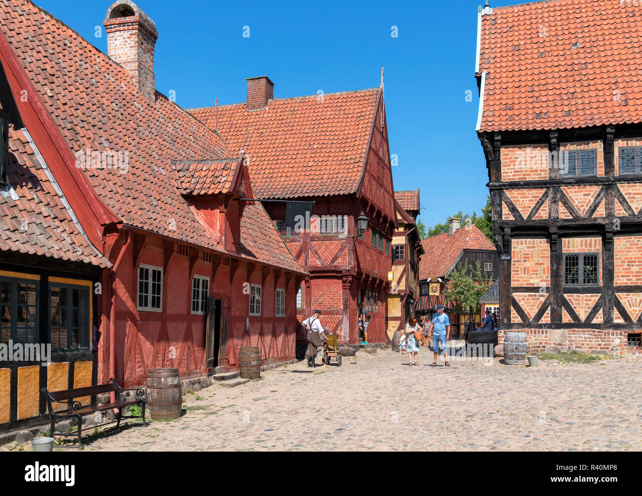 Der Marktplatz (Torvet) in der Altstadt (Den Gamle By), ein Freilichtmuseum in Århus, Dänemark Stockfoto