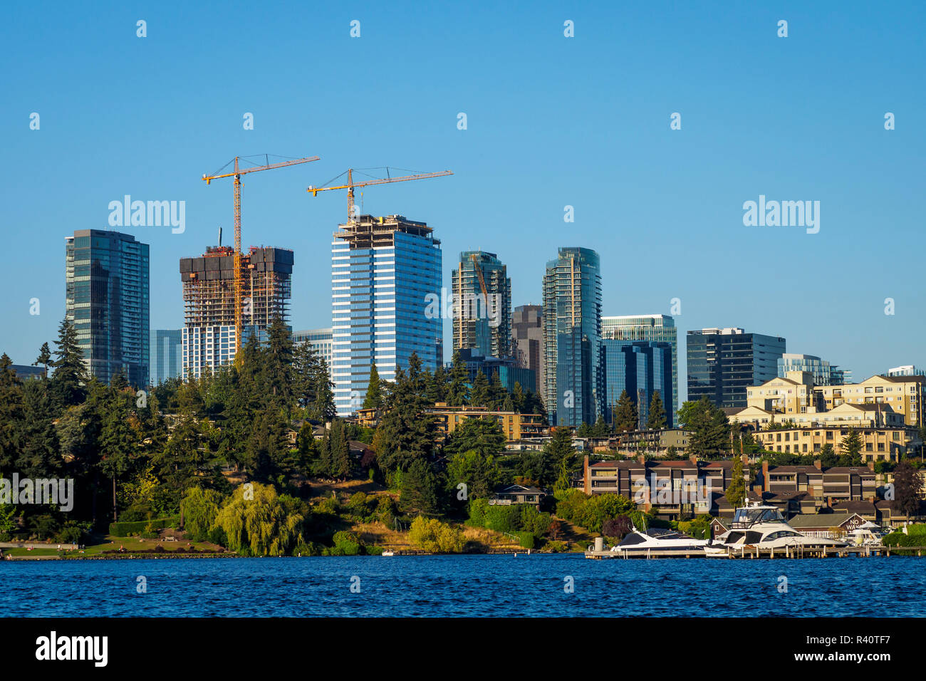 USA, Washington State, Bellevue. Blick auf die Skyline vom Lake Washington. Stockfoto