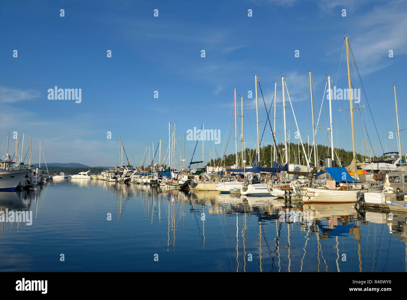 USA, Washington State. San Juan Insel. Boote an den Docks im Hafen von Friday Harbor Stockfoto