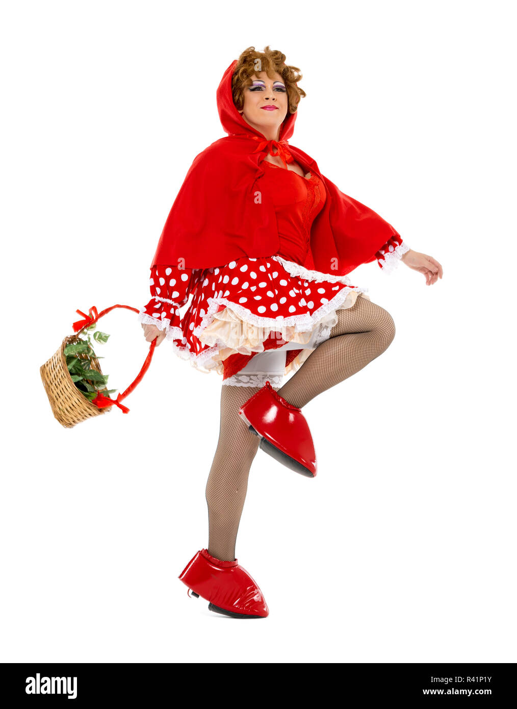 Schauspieler-Drag-Queen gekleidet wie Little Red Riding Hood Stockfoto