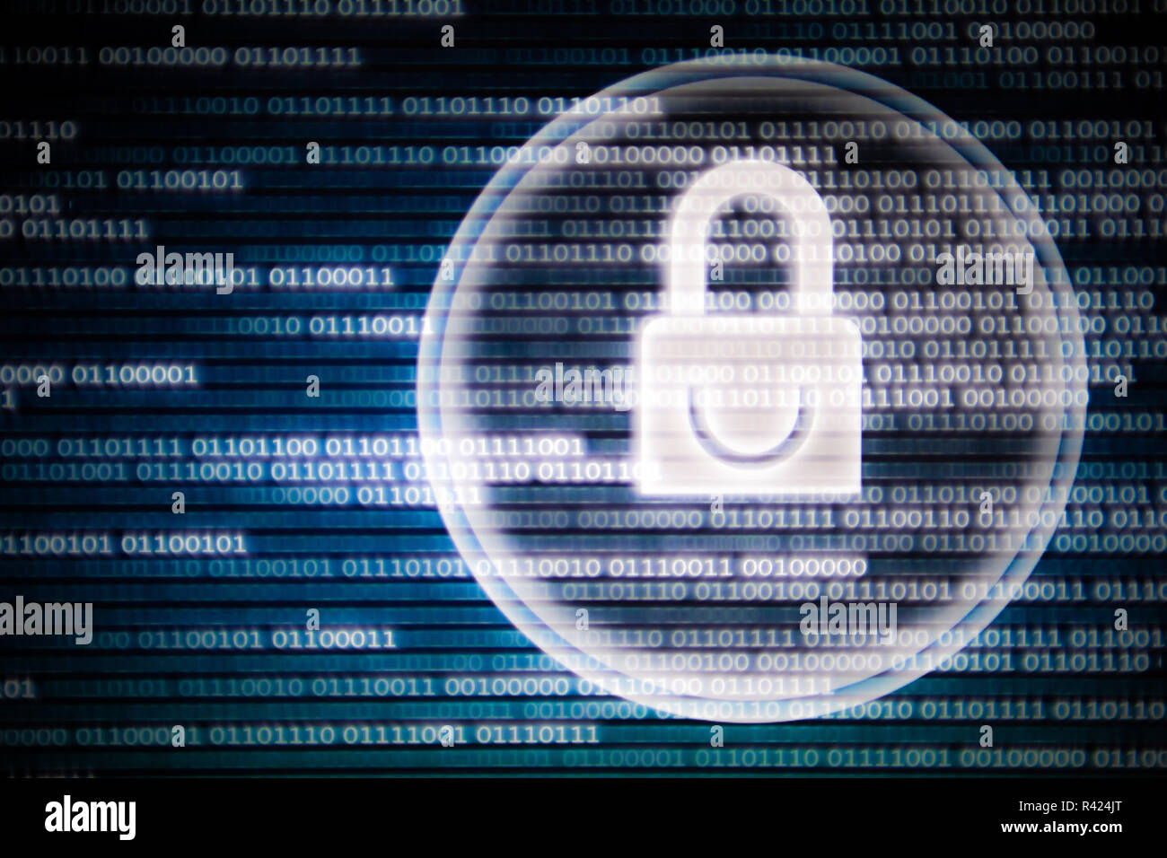 Cyber Security. weißes Licht Vorhängeschlosssymbol auf LED-Bildschirm Monitor Display. blauen und grünen Farben mit binären Code bewegen Bewegung von Rig links Stockfoto