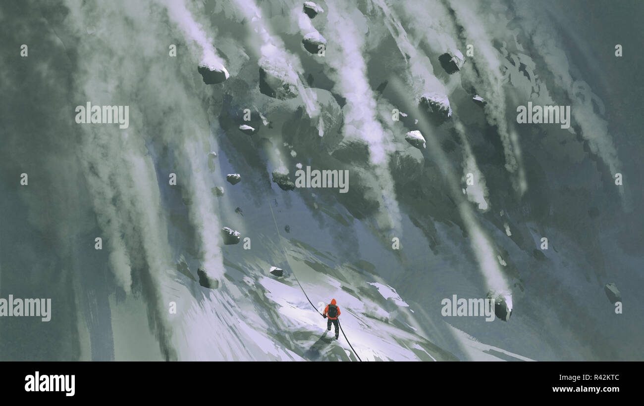 Szene des Kletterers Mann und Schnee Felsen schnell hinunter einen Berghang, digital art Stil, Illustration Malerei fallen Stockfoto
