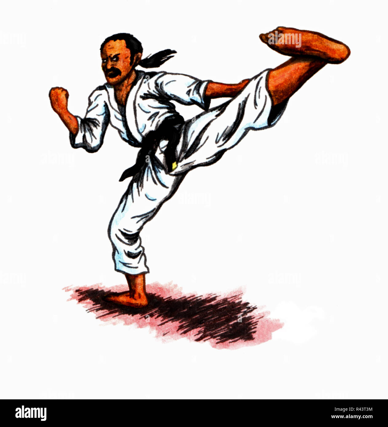 Karate Kämpfer tragen einen schwarzen Gürtel treten hohe Stockfoto