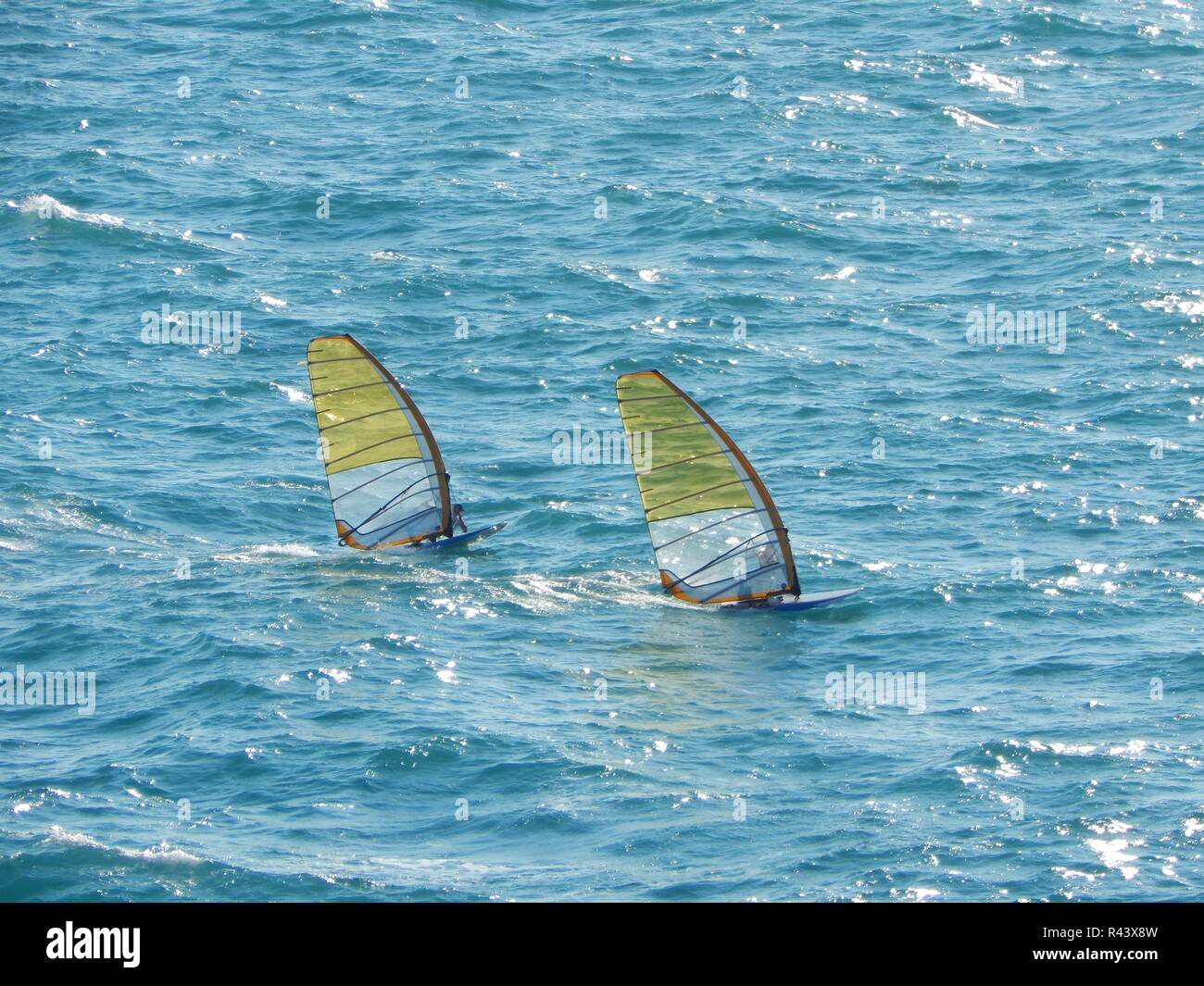 Zwei Windsurfer gehen unter der grellen Sonne in schwerer See im Meer bei hohen Geschwindigkeiten Stockfoto