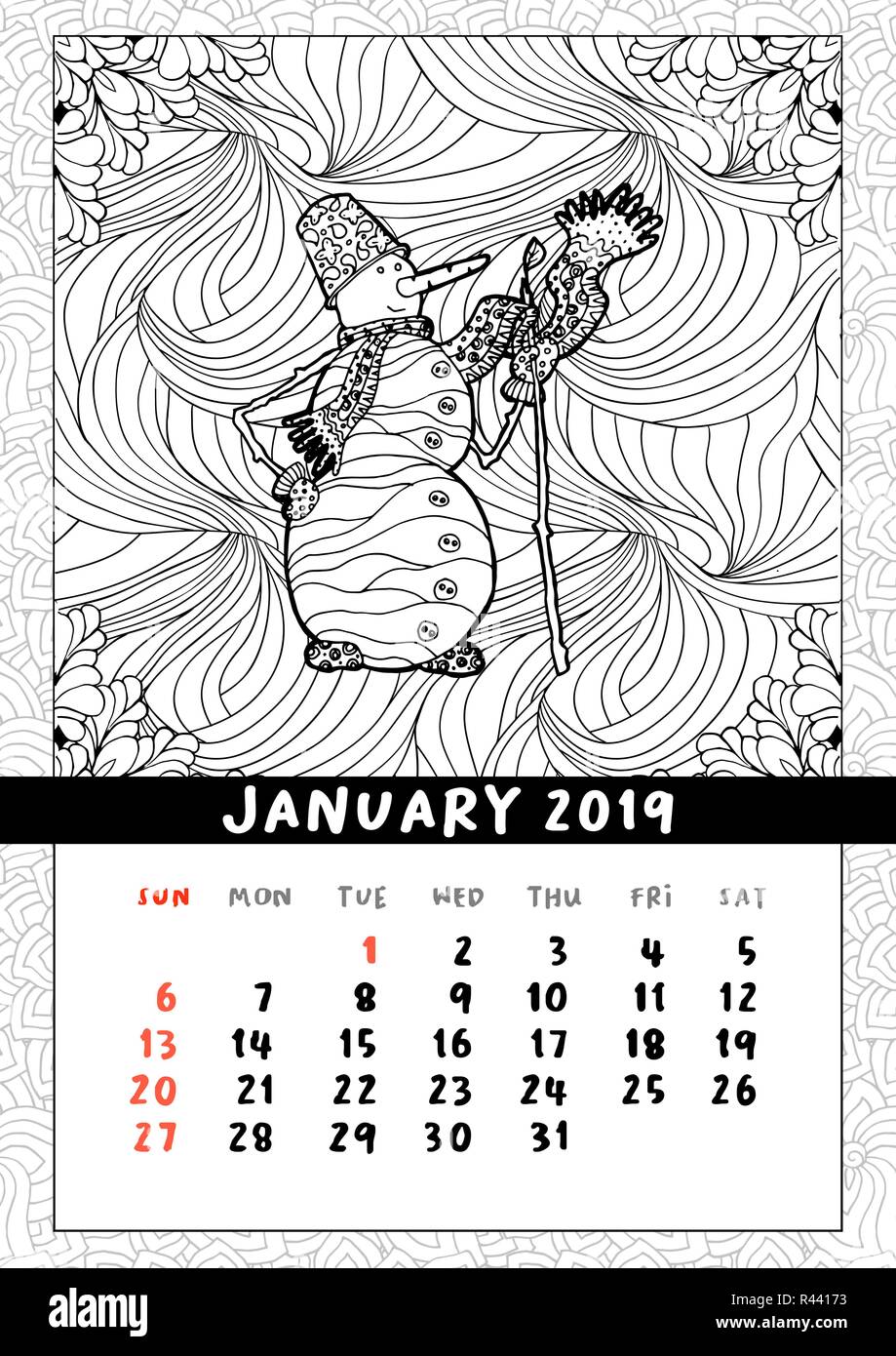 Schneemann in doodle Stil, kalender Januar 2019. Malbuch Plakat für Erwachsene und Kinder mit fröhlichen Winter Charakter. Schwarze und weiße Linie art Illustration. Planer vector Pattern Stock Vektor