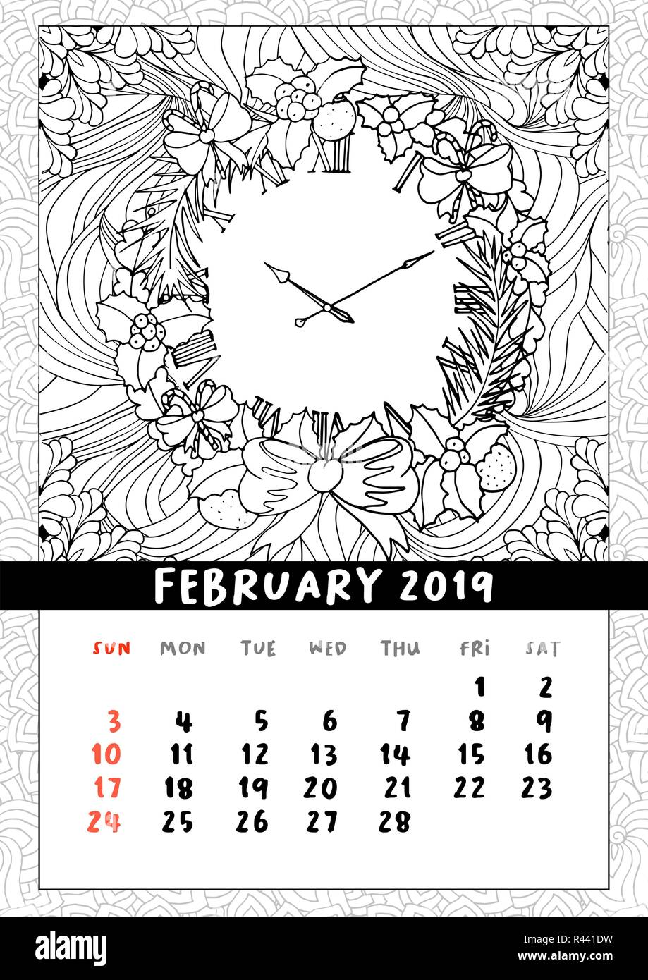 Weihnachten Kranz, Malbuch Seite Kalender. Frohe Weihnachten und guten Rutsch ins Neue Jahr Kalender zweiter Monat des Winters, Februar 2019. Mono Umrisse doodle Stil, Muster Vector Illustration Stock Vektor