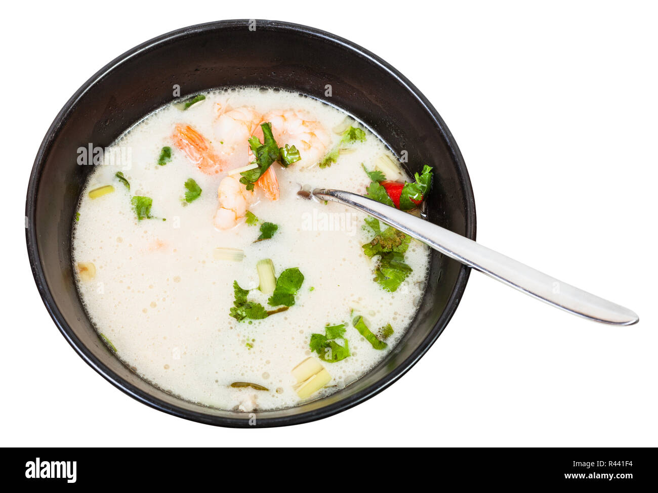 Oben Ansicht von sauer-scharfe Suppe Tom Yam in der Schüssel Stockfoto