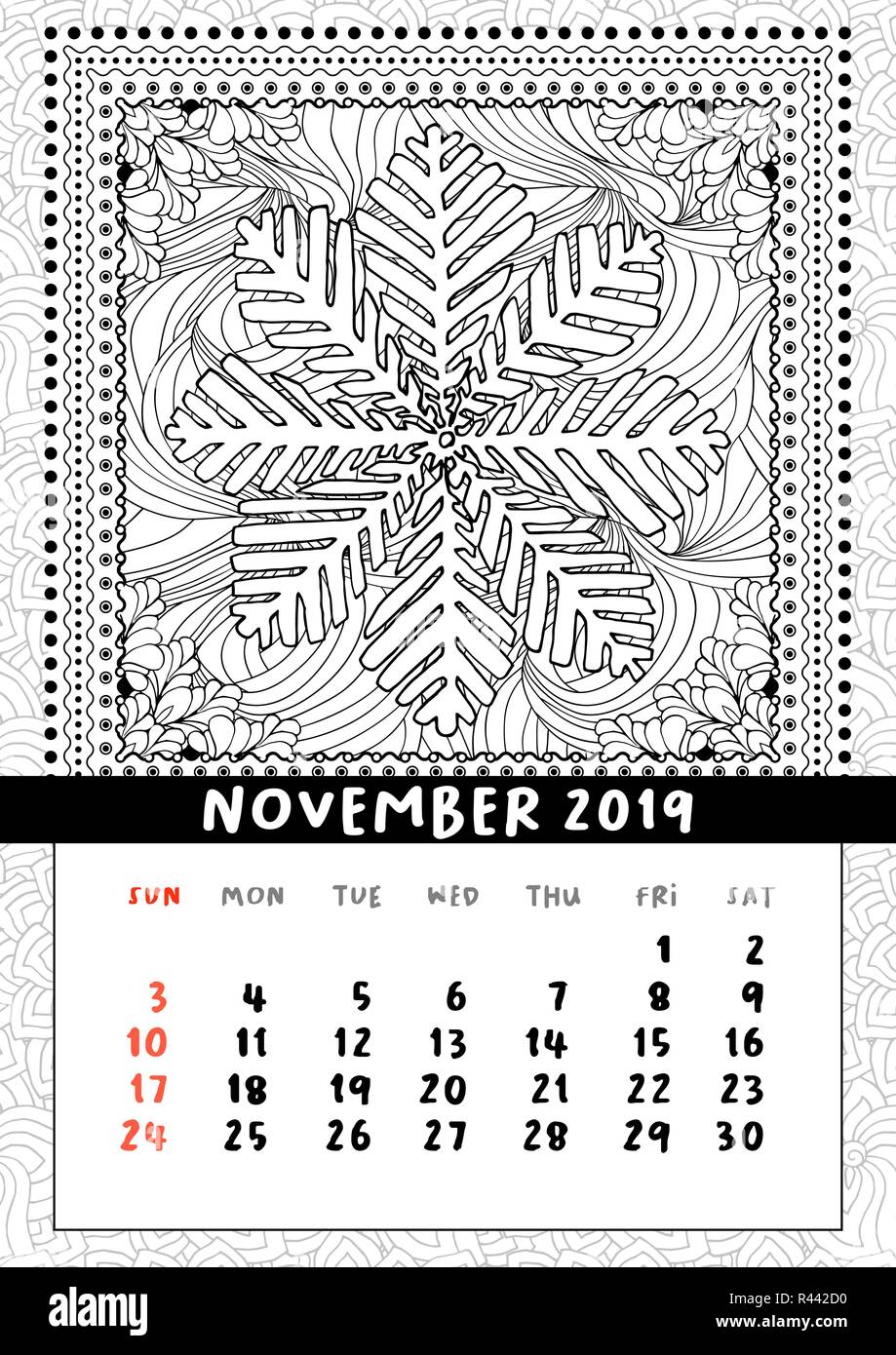 Schneeflocke Malbuch Seite, Kalender November 2019. Handdraw doodle Abbildung in quadratischen Rahmen. Schwarze und weiße Linie Art Poster. Vektor, Muster Stock Vektor