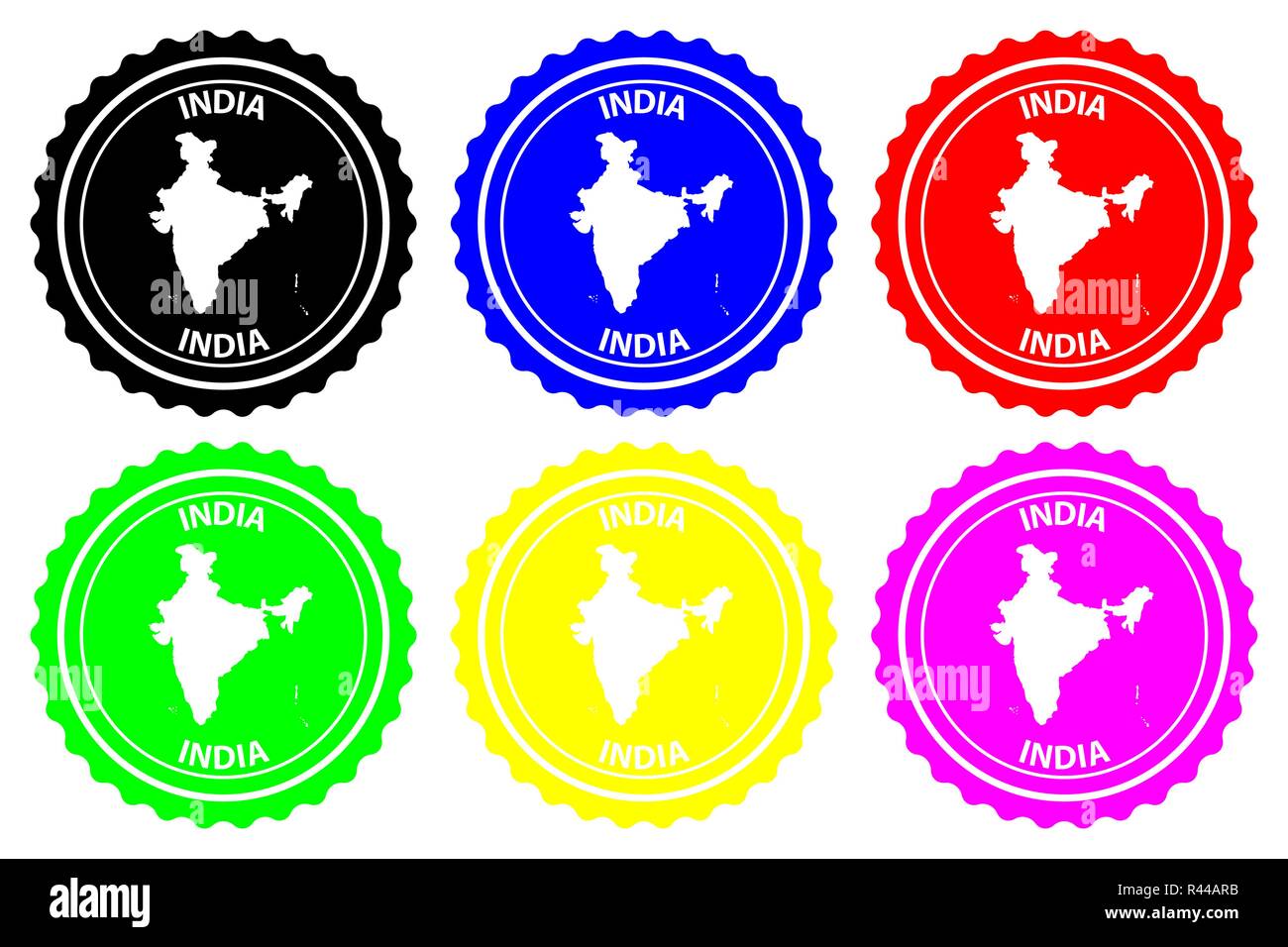 Indien - Stempel - Vektor, Republik Indien Karte Muster - Aufkleber - Schwarz, Blau, Grün, Gelb, Lila und Rot Stock Vektor