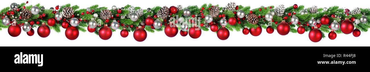 Weihnachten Grenze - rote und silberne Kugel hängen in Tanne Girlande Stockfoto