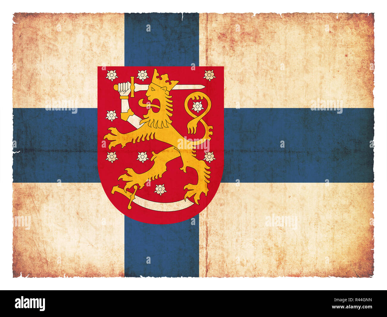 Grunge Flagge Finnland mit Wappen Stockfoto