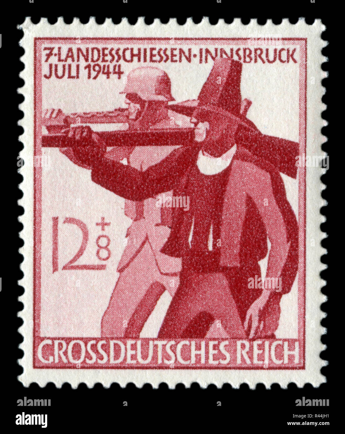 Deutsche historische Stempel: 7.Sitzung der Tiroler Schützen in Innsbruck. Tiroler Rifleman mit Arabella und Soldaten mit einem Maschinengewehr. 1944 Stockfoto