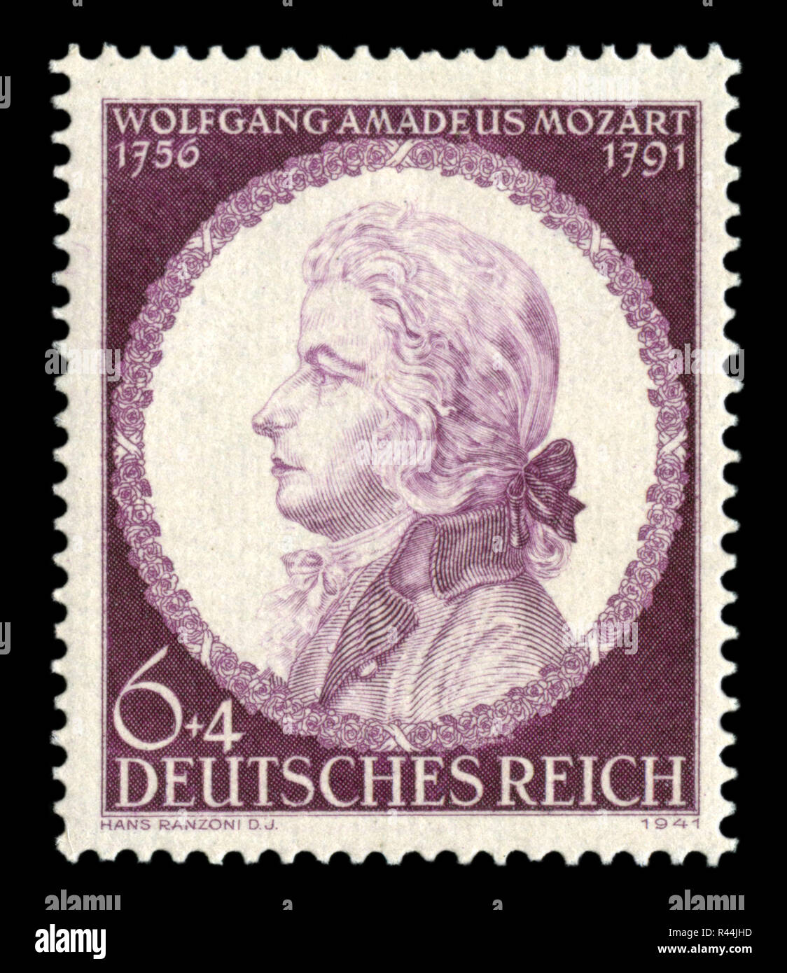 Deutsche historische Stempel: den 150. Jahrestag des Todes von Wolfgang Amadeus Mozart (1756-1791), Porträt, 1941. Deutschland, das Dritte Reich. Stockfoto