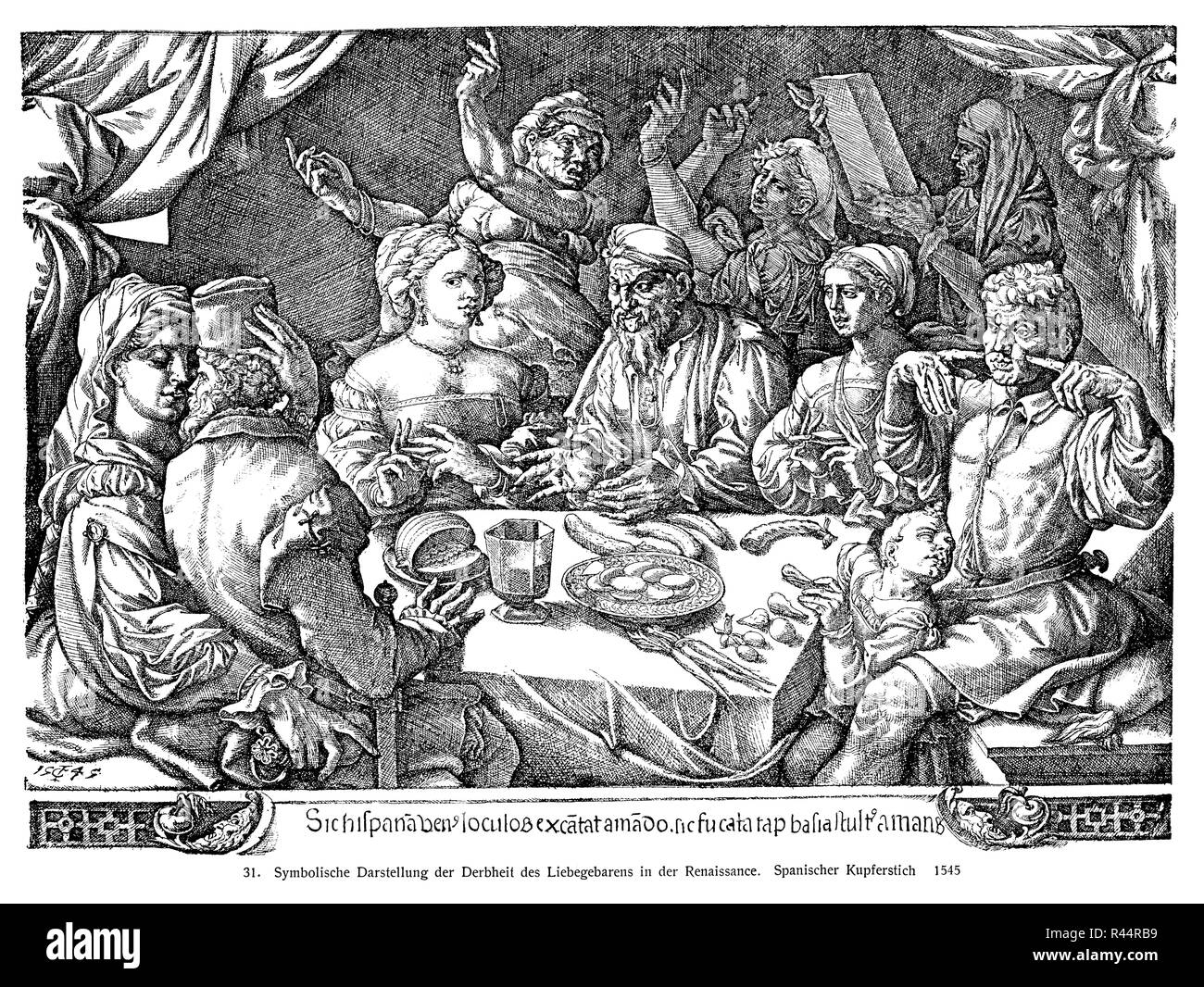 Symbolische Darstellung der Rauheit der Liebe in der Renaissance. Spanisch Gravur, 1545, Stockfoto