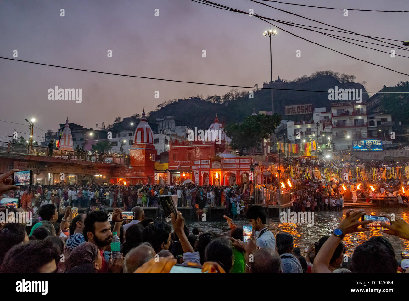 Ganga Aarti am Har-ki-Pauri, Haridwar Stockfoto