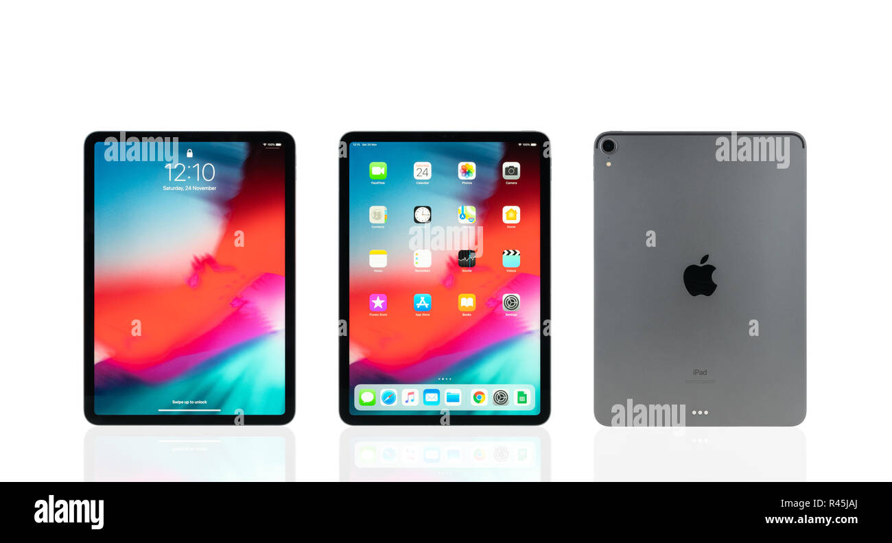 Bangkok, Thailand - 24.November 2018: Studio Aufnahme des neuen Apple iPad pro 2018 Raum Farbe grau, Display und Bildschirm sperren und Rückansicht logo Stockfoto