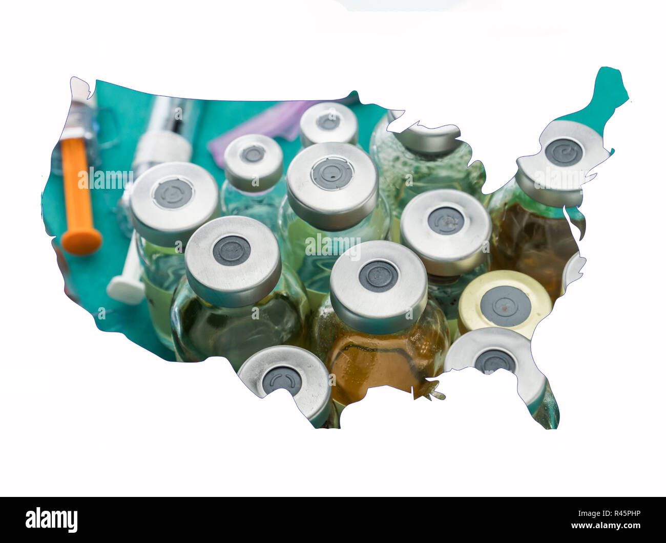 Karte Silhouette United States in Weiß, Medikation und Fläschchen, konzeptionelle Bild Stockfoto