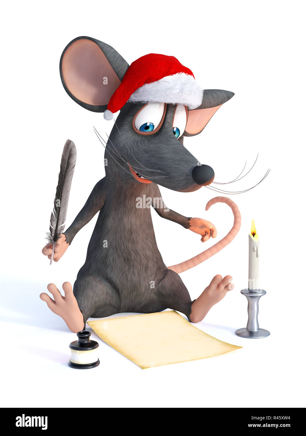 Cartoon Maus tragen Santa hat und schreiben Weihnachten Wunschliste. Stockfoto