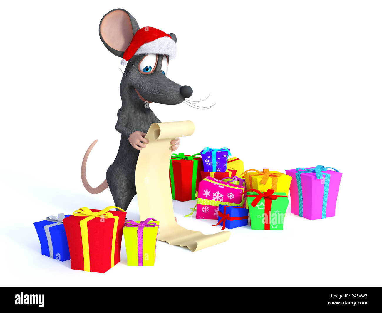 Cartoon Maus tragen Santa Hut und lange Weihnachten Wunschzettel. Stockfoto