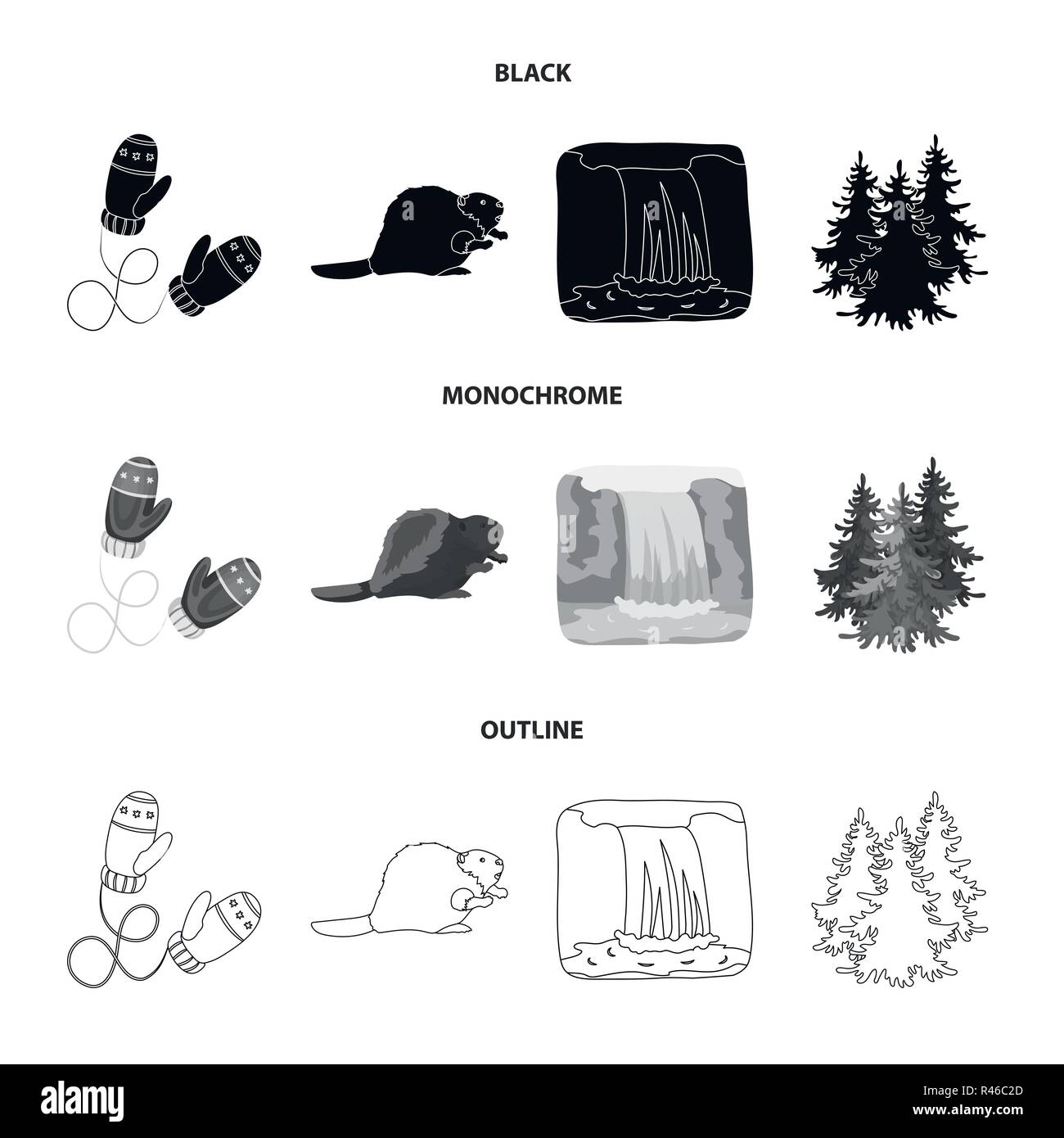 Kanadische Tanne, Biber und andere Symbole von Kanada. Kanada Sammlung Icons in Schwarz, monochrom, Outline style Vektor Symbol lieferbar Abbildung. Stock Vektor