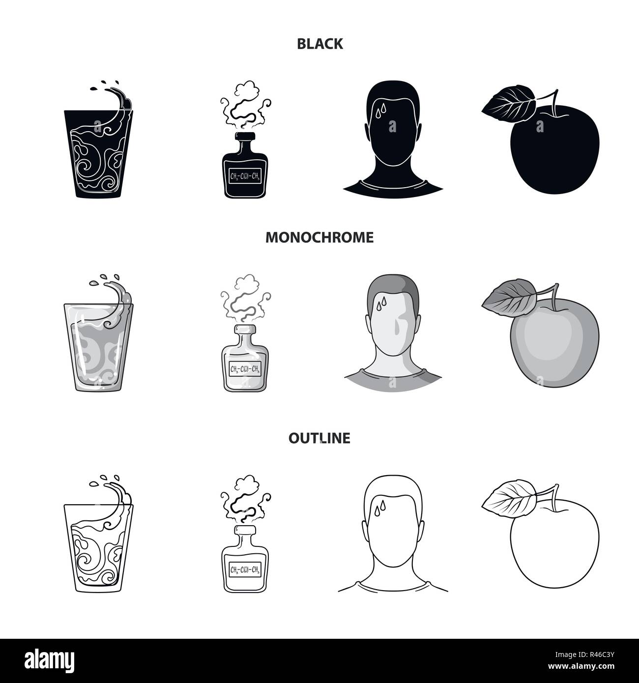 Ein Glas Wasser, eine Flasche Alkohol, ein Schwitzen Mann, ein Apple. Diabeth set Sammlung Icons in Schwarz, monochrom, Outline style Vektor Symbol lieferbar il Stock Vektor