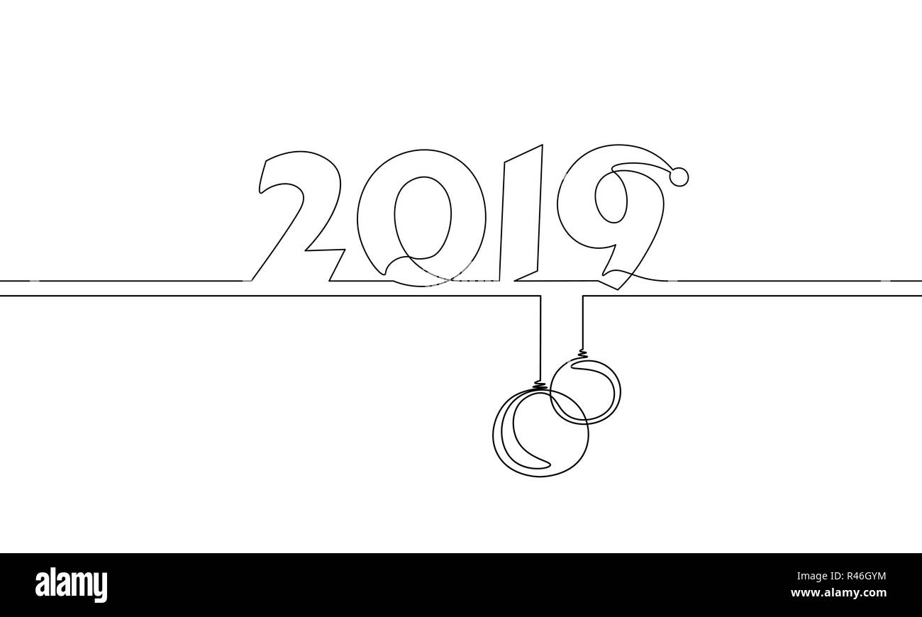 2019 Neues Jahr durchgehenden Line Art. Urlaub Grußkarte Schlagzeile Dekoration Datum zahlen Schriftzug silhouette Konzeption einer Skizze Skizze Zeichnung weiße Vector Illustration Stock Vektor