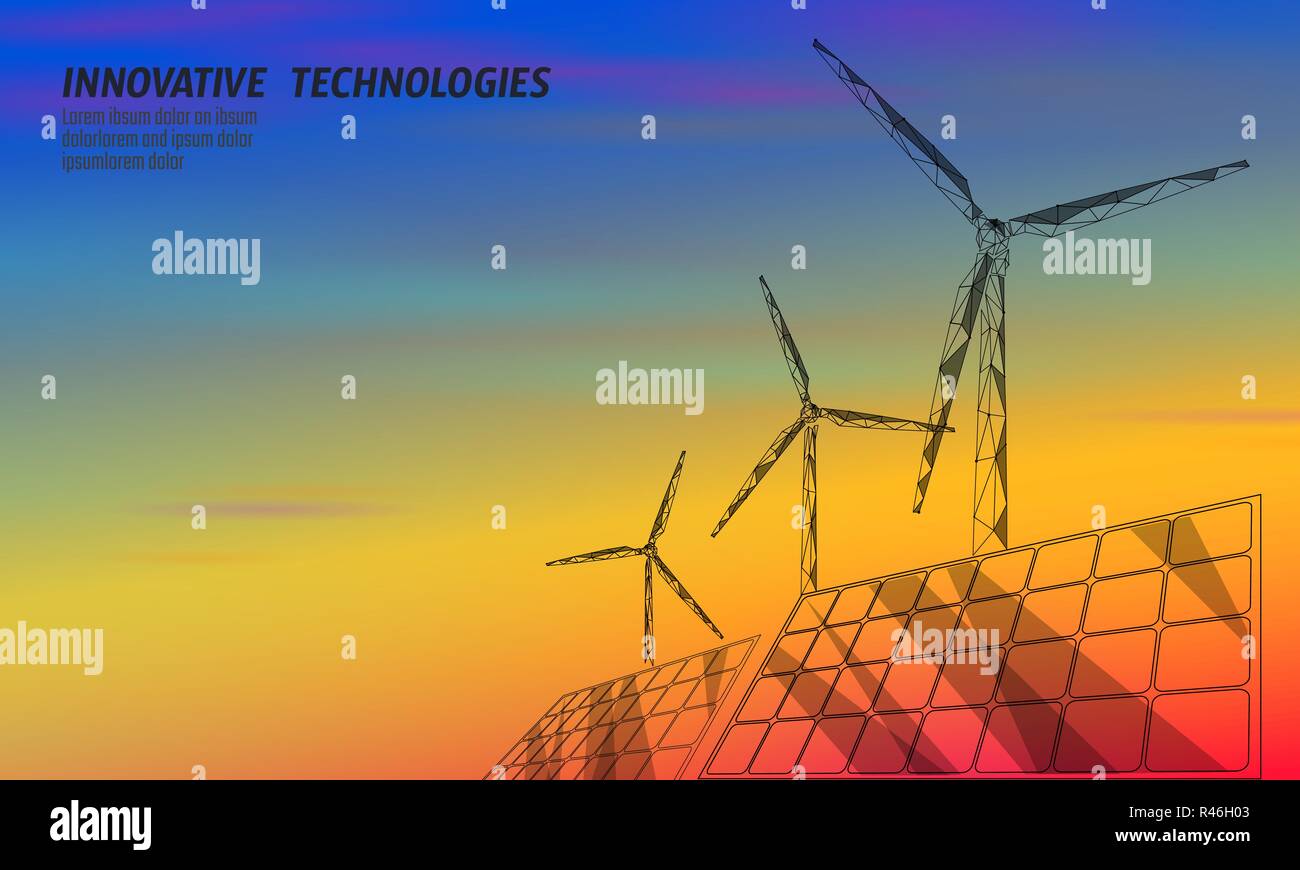 Solar Panels Windmühlen Turbine zur Stromerzeugung. Grüne Ökologie sparen Umwelt. Renewable Power Low Poly polygonalen geometrische Sonnenuntergang rot orange Blue Sky design Vector Illustration Stock Vektor