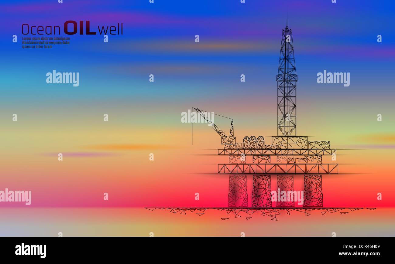 Ozean Öl Gas Bohranlage Low Poly Geschäftskonzept. Finanzen Wirtschaft benzin Produktion. Petroleum fuel industry Offshore bunten Sonnenuntergang Himmel Extraktion ladebäumen Linie Dots blau Vector Illustration Stock Vektor