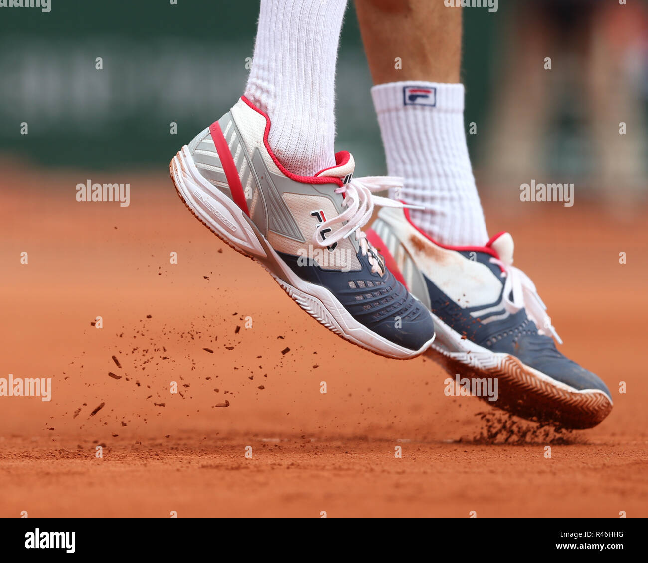 Füße der Kroatische Tennisspieler Marin Cilic springen während der French Open 2018, Paris, Frankreich. Stockfoto