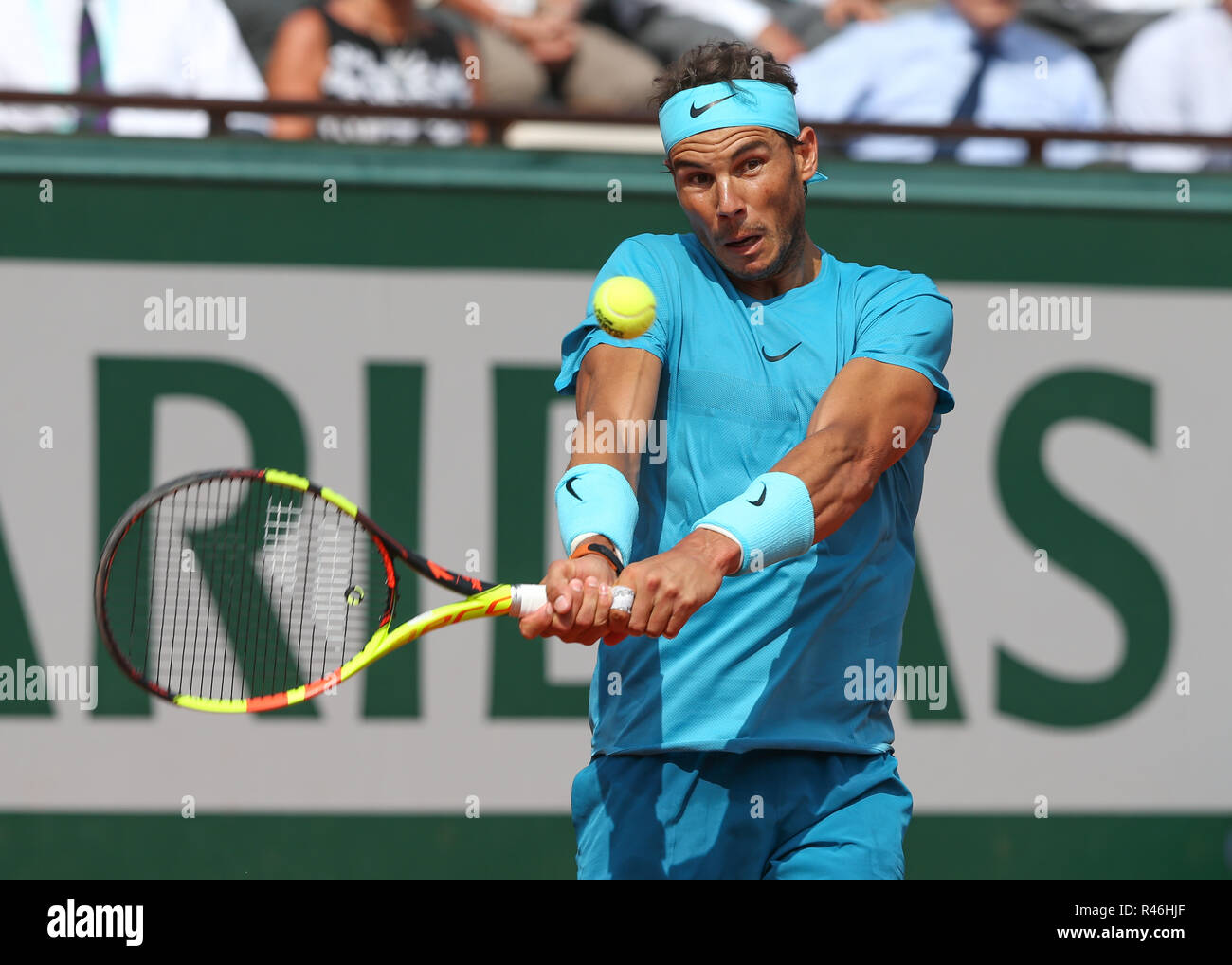 Spanischer Tennisspieler Rafael Nadal spielen geschrieben bei den French Open 2018, Paris, Frankreich schoß Stockfoto