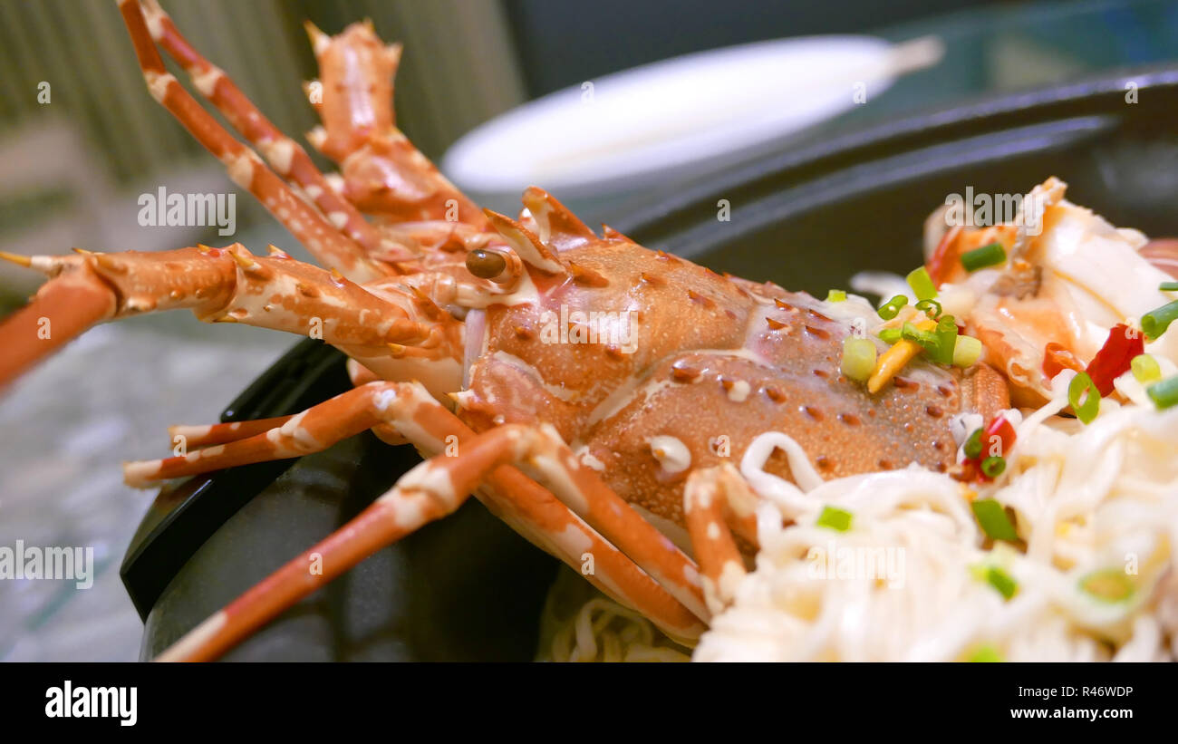 Hausgemachte Hummer Nudeln mit Käse in die Schwarze Schale Stockfoto