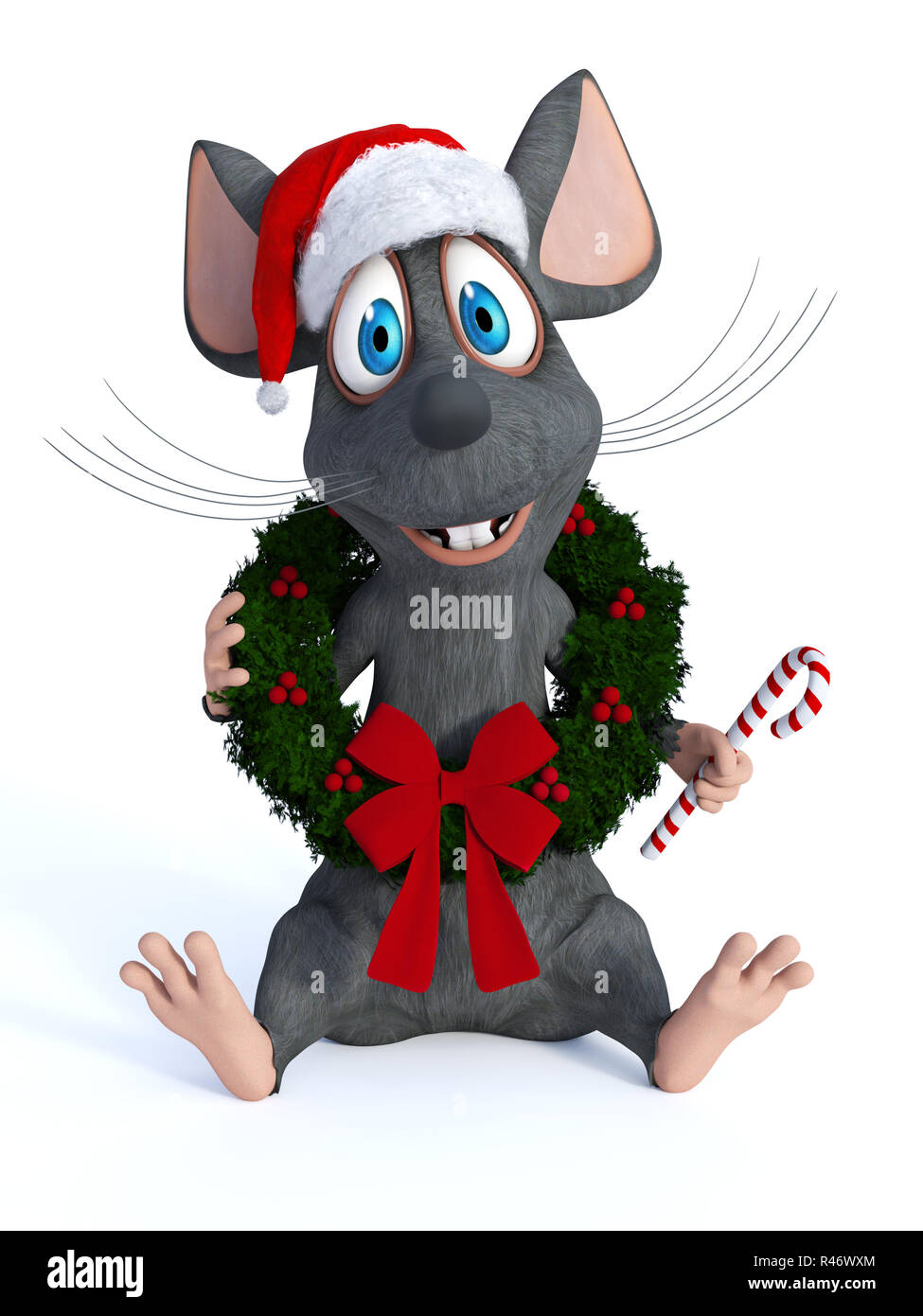 Cartoon Maus tragen Weihnachten Kranz und Holding Zuckerstange. Stockfoto