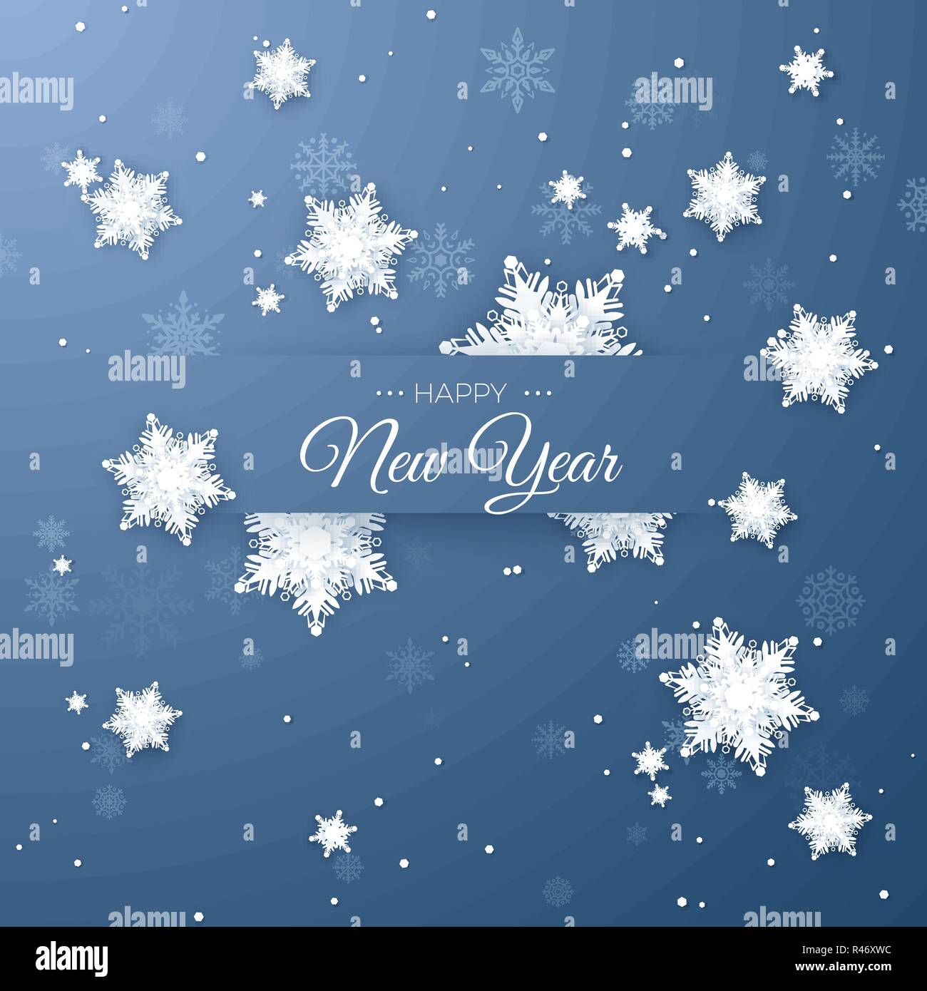 Frohes Neues Jahr Gruß Postkarte. Papier Schneeflocken Muster Hintergrund. Origami Schneefall. Vector Illustration auf blauem Hintergrund isoliert Stock Vektor