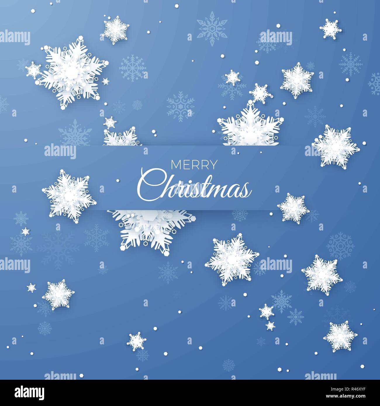 Frohe Weihnachten Gruß Abbildung. Papier Schneeflocken Muster Hintergrund. Origami Schneefall. Vektor isoliert auf blauem Hintergrund Stock Vektor