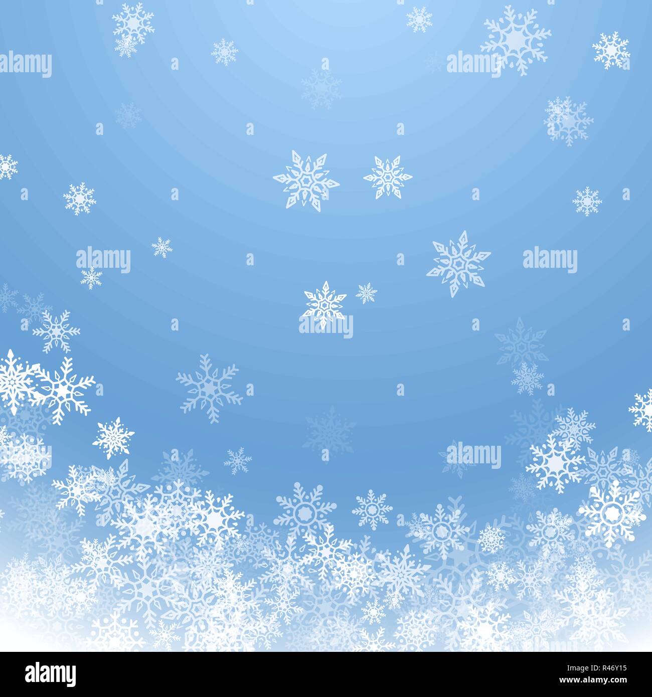 Urlaub Winter Hintergrund für frohe Weihnachten und ein glückliches Neues Jahr. Schneeflocken fallen weiß auf blauem Hintergrund. Winter blauer Himmel mit fallenden Schnee. Vect Stock Vektor