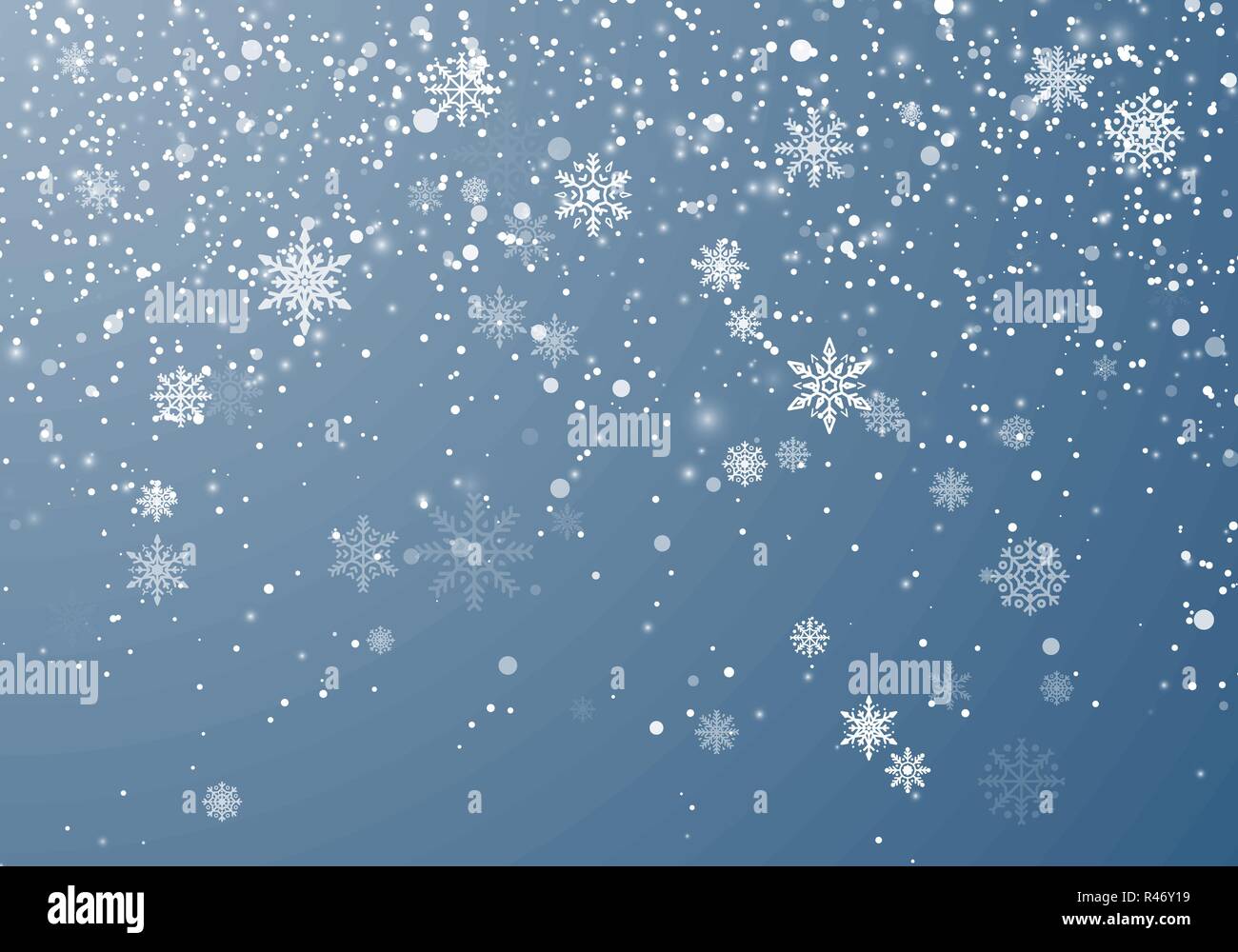 Schneefall Weihnachten Hintergrund. Flying Schneeflocken und die Sterne am Himmel Hintergrund. Winter wite Schneeflocke overlay Vorlage. Vector Illustration Stock Vektor