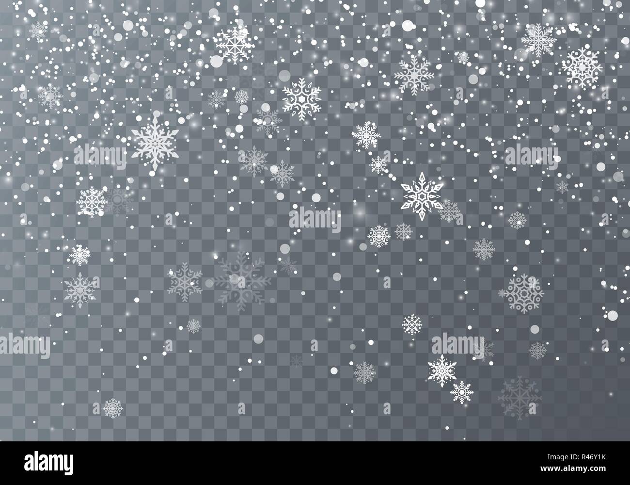 Schneefall. Weihnachten Schnee. Fallende Schneeflocken auf dunklen transparenten Hintergrund. Weihnachten Urlaub Hintergrund. Vector Illustration Stock Vektor