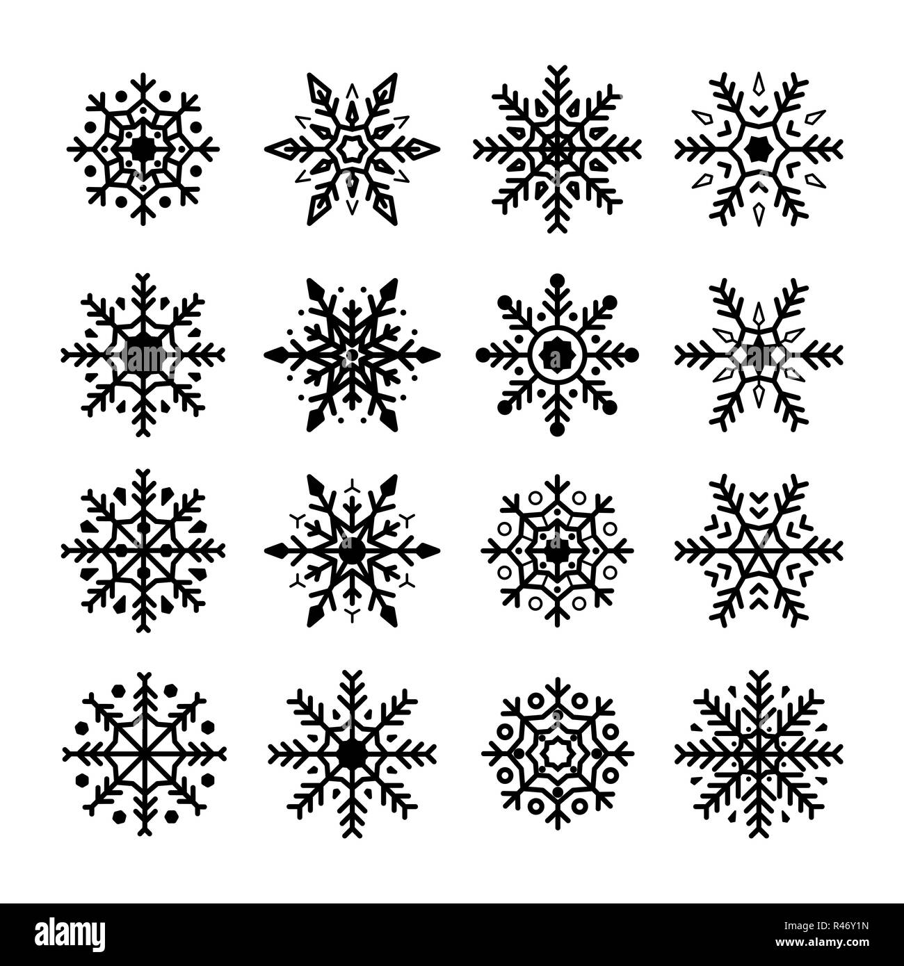 Schneeflocken eingestellt. Sammlung von Schneeflocken Silhouette. Weihnachten und Neujahr Dekoration Elemente. Vector Illustration auf weißem Hintergrund Stock Vektor