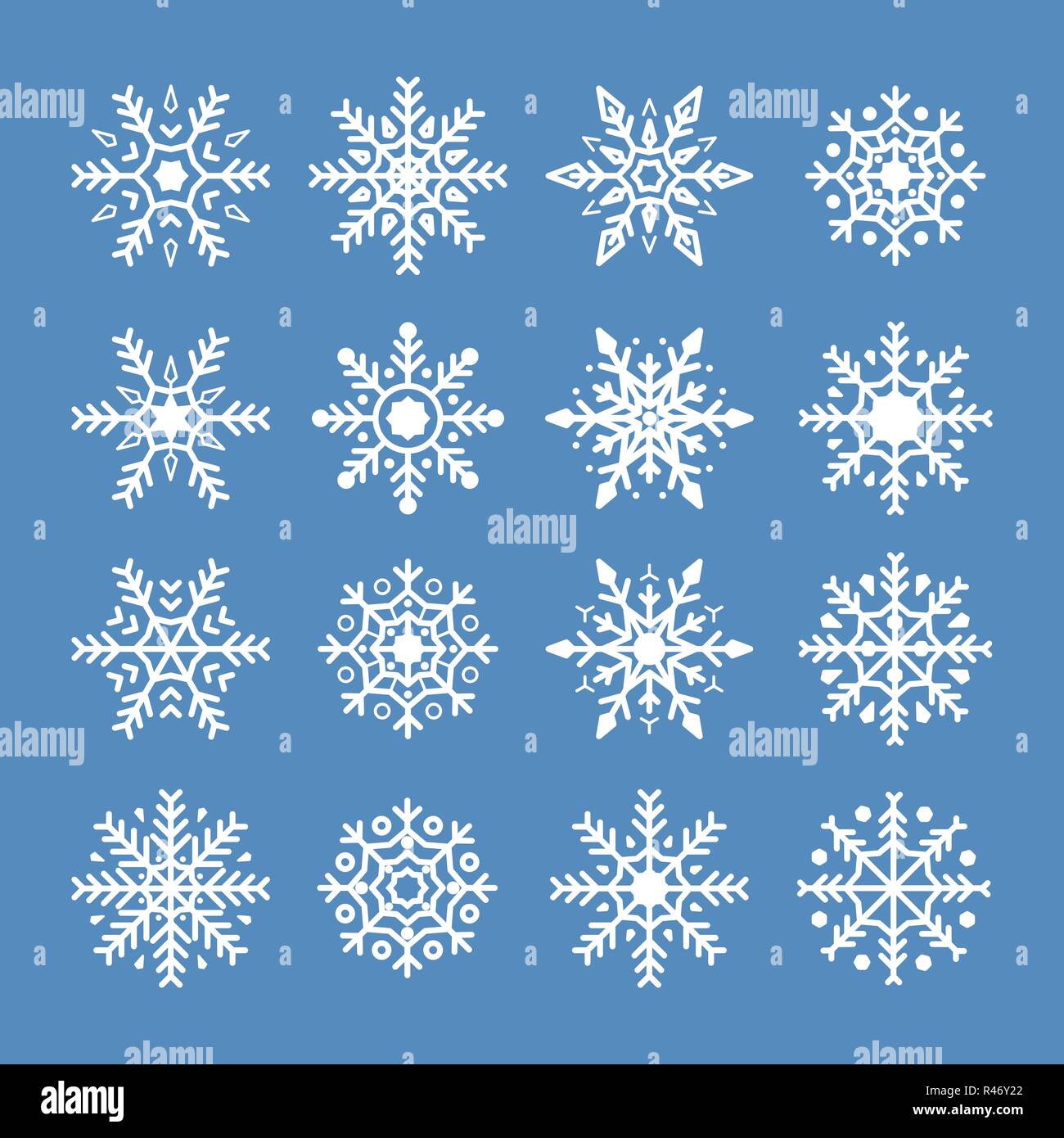 Weiße Schneeflocken auf blauem Hintergrund isoliert. Schneeflocke Symbol für Weihnachten und das neue Jahr. Abstrakte Schneeflocke Muster. Urlaub Schmuck Element. Vektor Stock Vektor